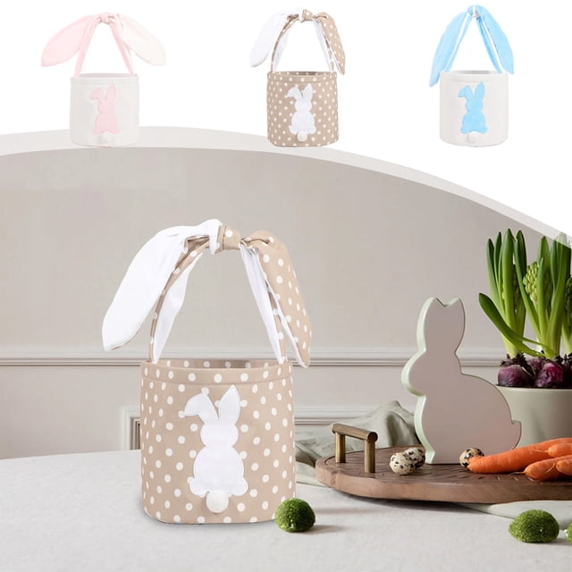 3 Set Easter Bunny Baskets With Wooden Name Tags - Rustic Woven Storage Baskets For Egg Hunt & Party Supplies