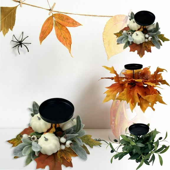 Wzzjkit Halloween Candle Holder, Candle Holders with Artificial Maple Leaves Wreath Ring, Halloween Decorations for Thanksgiving Table Fall Decor Centerpieces