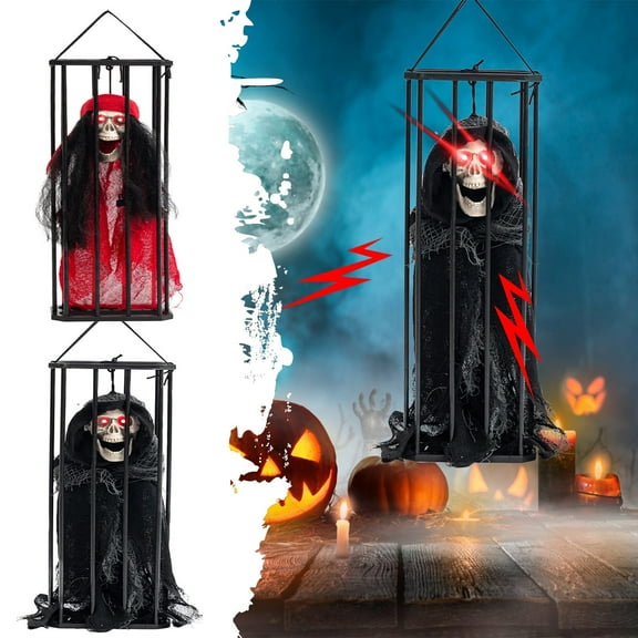 Wzzjkit Halloween Ghosts Hanging Decoration Cage Ghost Decor Stretch Head Threatening Prisoner Witch One Eye for Outdoor/Indoor Party Home
