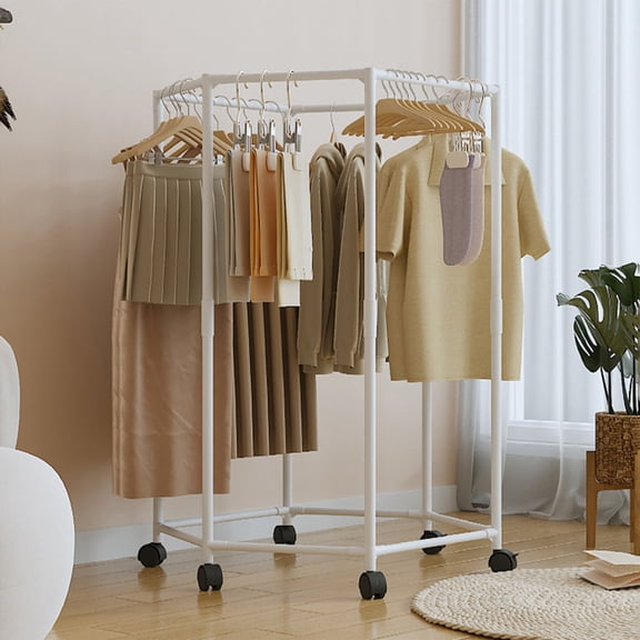 Wzzjkit Hexagon Rotating Clothes Drying Rack 47.2 Inch, Floor Standing Coat Hanger with Wheels, Movable Garment Organizer with 360° Swivel, Heavy Duty for Dorm Bedroom Home