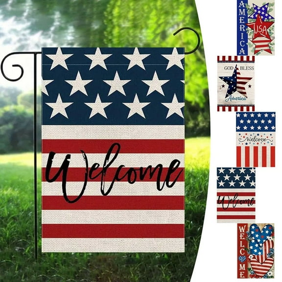Wzzjkit Patriotic 4th of July Garden Flag 12x18in, Double-sided Memorial Day Garden Flag for Outdoor Yard Party Supplies, Red White and Blue Linen Fourth of July Garden Flag