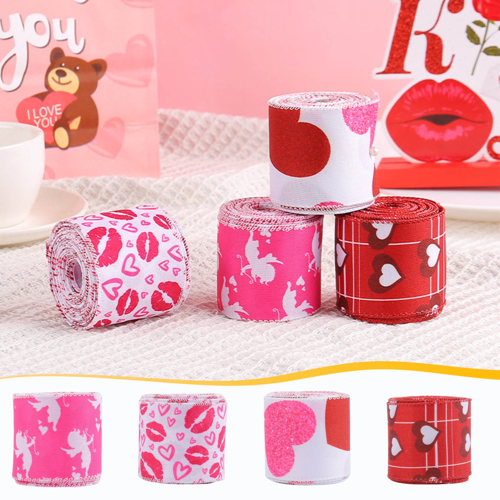 Wzzjkit Valentine Wired Ribbon Heart Love Themed Fabric Ribbons for ...