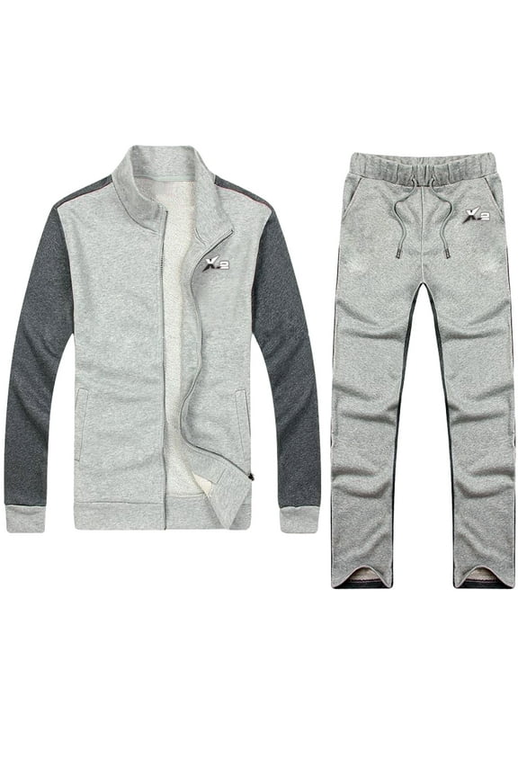 Men Athletic Tracksuits 2 Pieces Set Running Jogging Sweatsuit Full Zip Sports Set Gray M