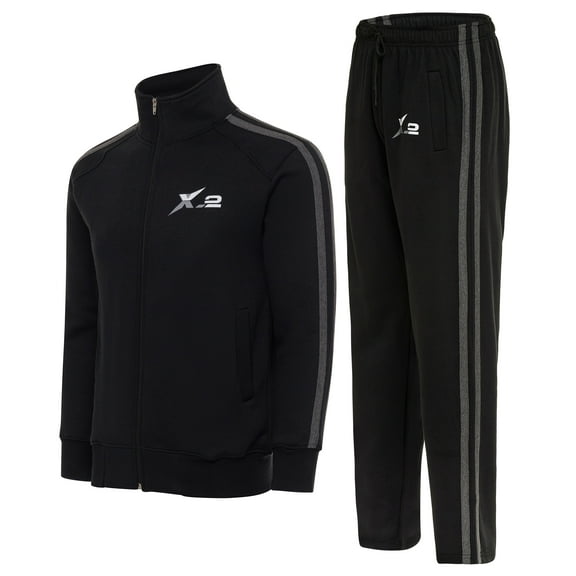 X-2 Men Tracksuits 2 Pieces Set Running Jogging Sweatsuit Full Zip Sweatsuit Athletic Sports Set Black Char 2Pipe XX-Large