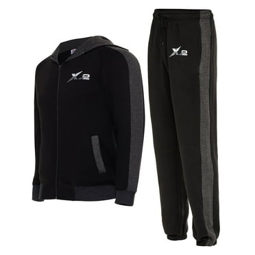 X-2 Men's Athletic Hooded Tracksuit 2 Piece Full Zip Sweatsuit Set, Black, Size Small