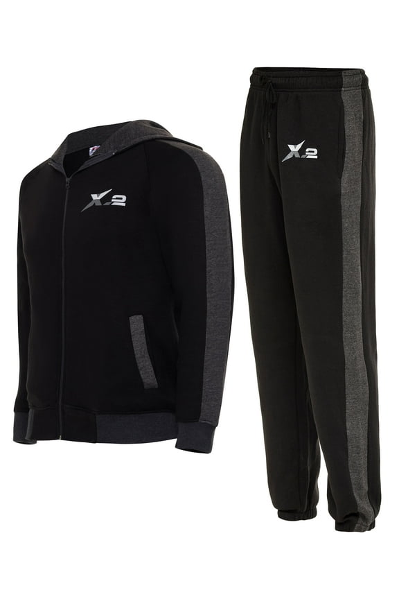 X-2 Men's Athletic Hooded Tracksuit 2 Piece Full Zip Sweatsuit Set, Black, Size Small