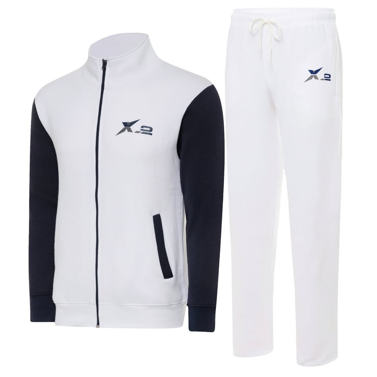 X 2 Mens Athletic Full Zip Fleece Tracksuit Jogging Sweatsuit Activewear White Navy