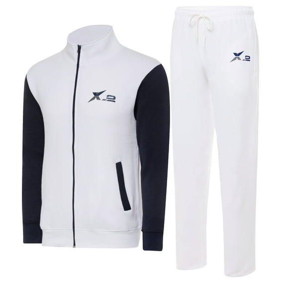 X-2 Men's Athletic Tracksuits 2 Pieces Set workout Warm up Suit Full Zip Jogging Running Sweatsuit White-navy XL