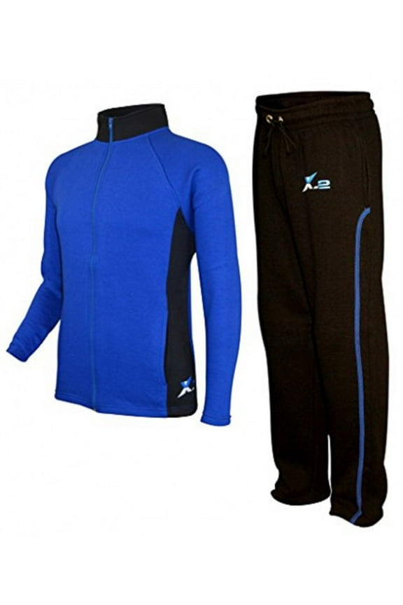 Mens Athletic Full Zip Fleece Tracksuit Jogging Sweatsuit Activewear Blue-Black Small