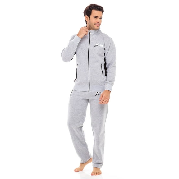 X-2 Mens Athletic Full Zip Fleece Tracksuit Jogging Sweatsuit Black Side Gray S