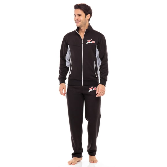 X-2 Mens Athletic Full Zip Fleece Tracksuit Jogging Sweatsuit Gray Side Black XXXL