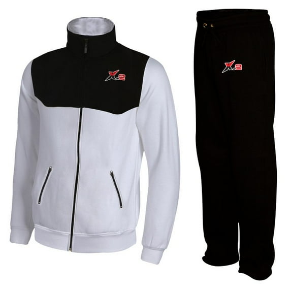 X-2 Mens Full Zip Fleece Tracksuit Jogging Sweatsuit Activewear Black-White Large