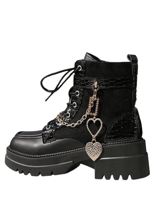 X-270 Black Ladies Chain Platform Boots Round Toe Chunky Heel Motorcycle Style Casual Winter Fashionable Footwear