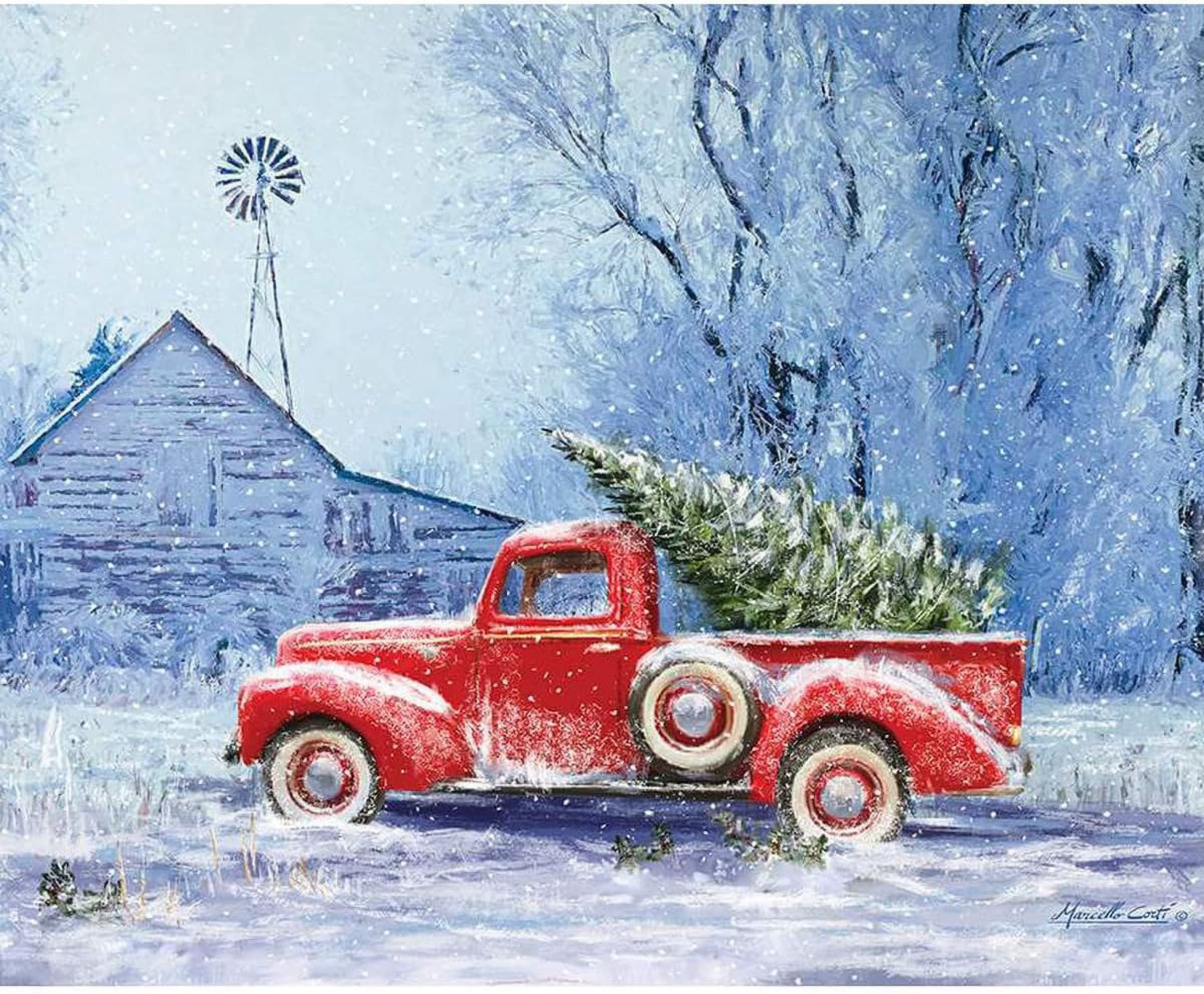 X 44'' Panel Red Truck Christmas Tree Barn Winter Holidays Picture A ...