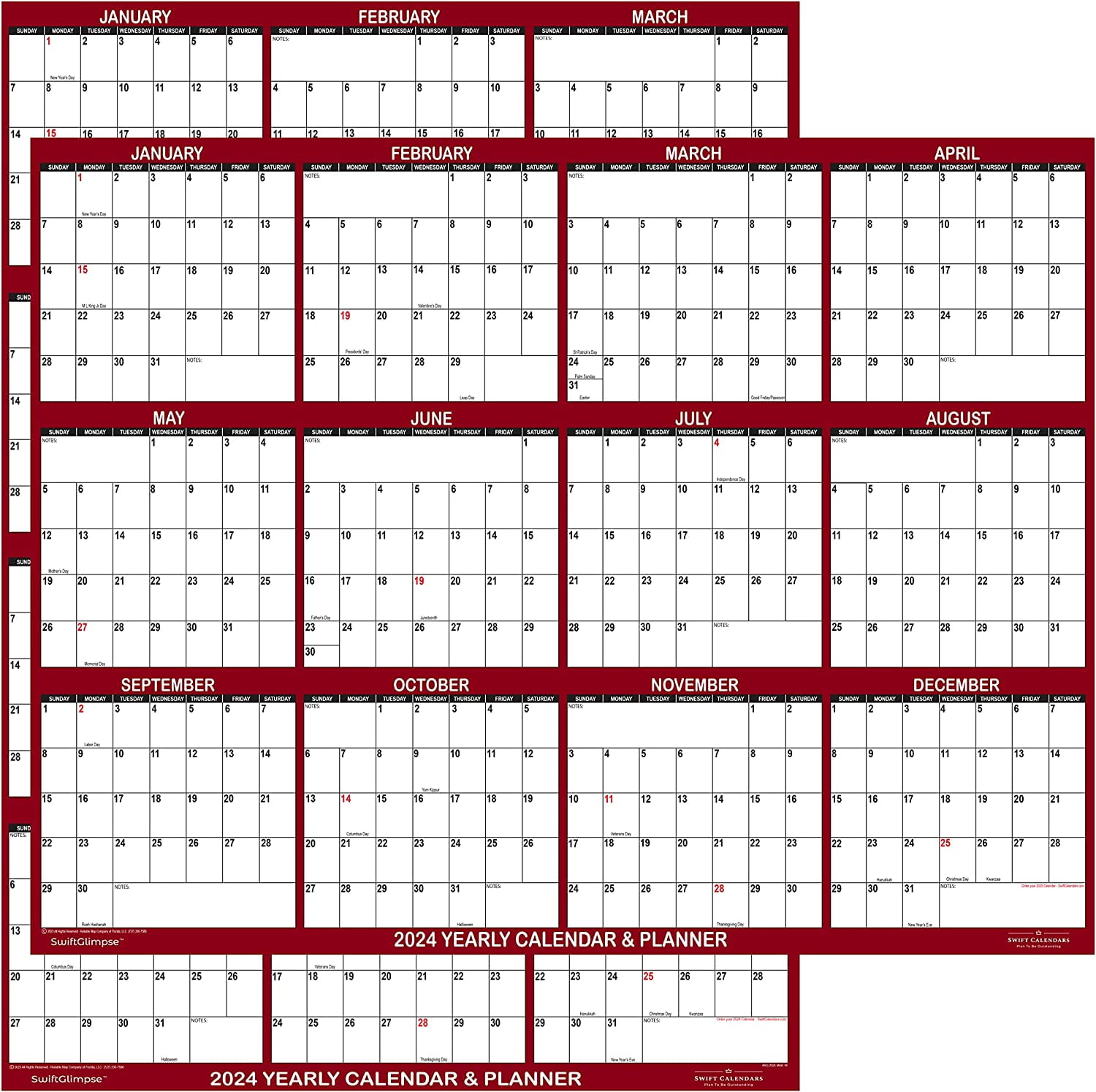 X 48" 2024 Wall Calendar Erasable Jumbo XL Wet & Dry Erase Laminated 12