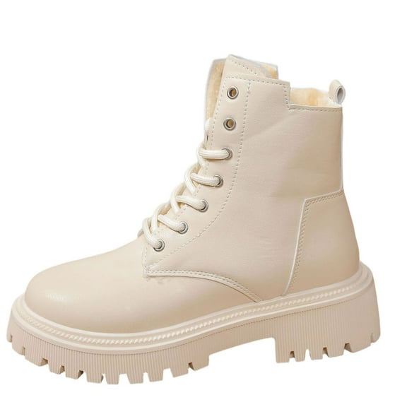 X-761 Beige Female Seasonal Ankle Boots With Circular Toe Lace-Up And Side Zipper Fastener Comfortable Mid-Heel Chunky Heel For Outdoor Indoor Wear