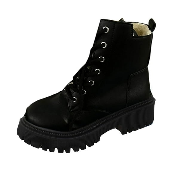 X-761 Black Ladies Relaxed Winter Ankle Boots With Circular Toe Lace-Up And Side Zipper Style Chunky Heel Mid-Heel For Outdoor Indoor Wear
