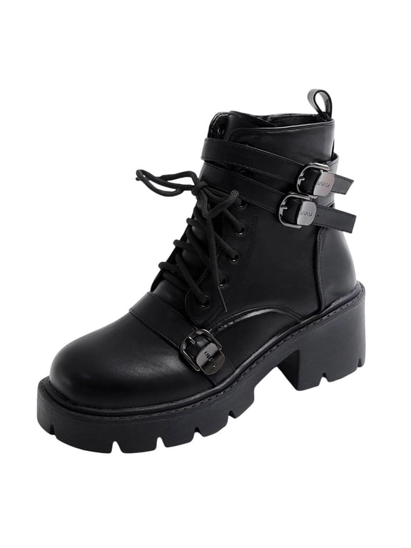 X-882 Black Women Synthetic Patent Leather Platform Boots With Tie-Up Front And Strap Accent Suitable For Cold Weather Activities Enhanced Comfort Robust Heel Ankle Shoes
