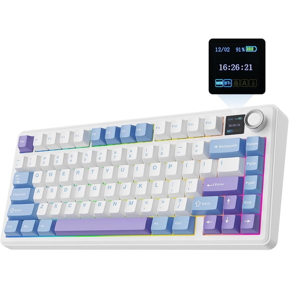 X Aula F75   Mechanical Keyboard with TFT Screen and Knob, Gasket Gaming Keyboard in 75% Layout, Hot Swappable,  Backlight, for PC//Linux (Blue&White&Purple)