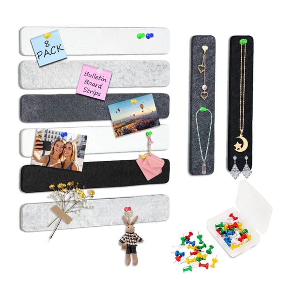 AGCAN Bulletin Board Strips, Cork Board for Walls, Self-Adhesive Felt Pin Boards with 30 Push Pins, for Paste Notes, Photos, 13" x 2", 8 Pack, Multicolor
