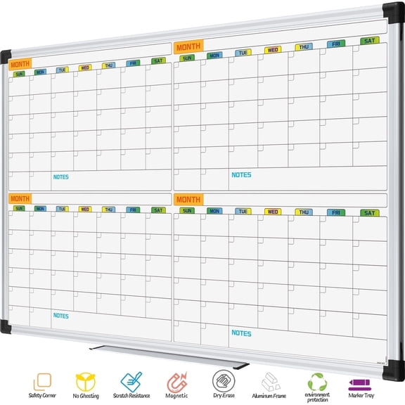 AGCAN 4 Month Calendar Dry Erase Board 35" x 23" Large Whiteboard Calendar Quarter Schedule Board