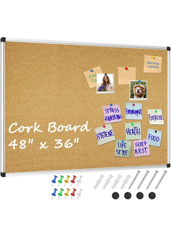 X BOARD Cork Board 48" x 36" Bulletin Board with Aluminum Frame, Corkboard 4' x 3' Pin Board for Wall