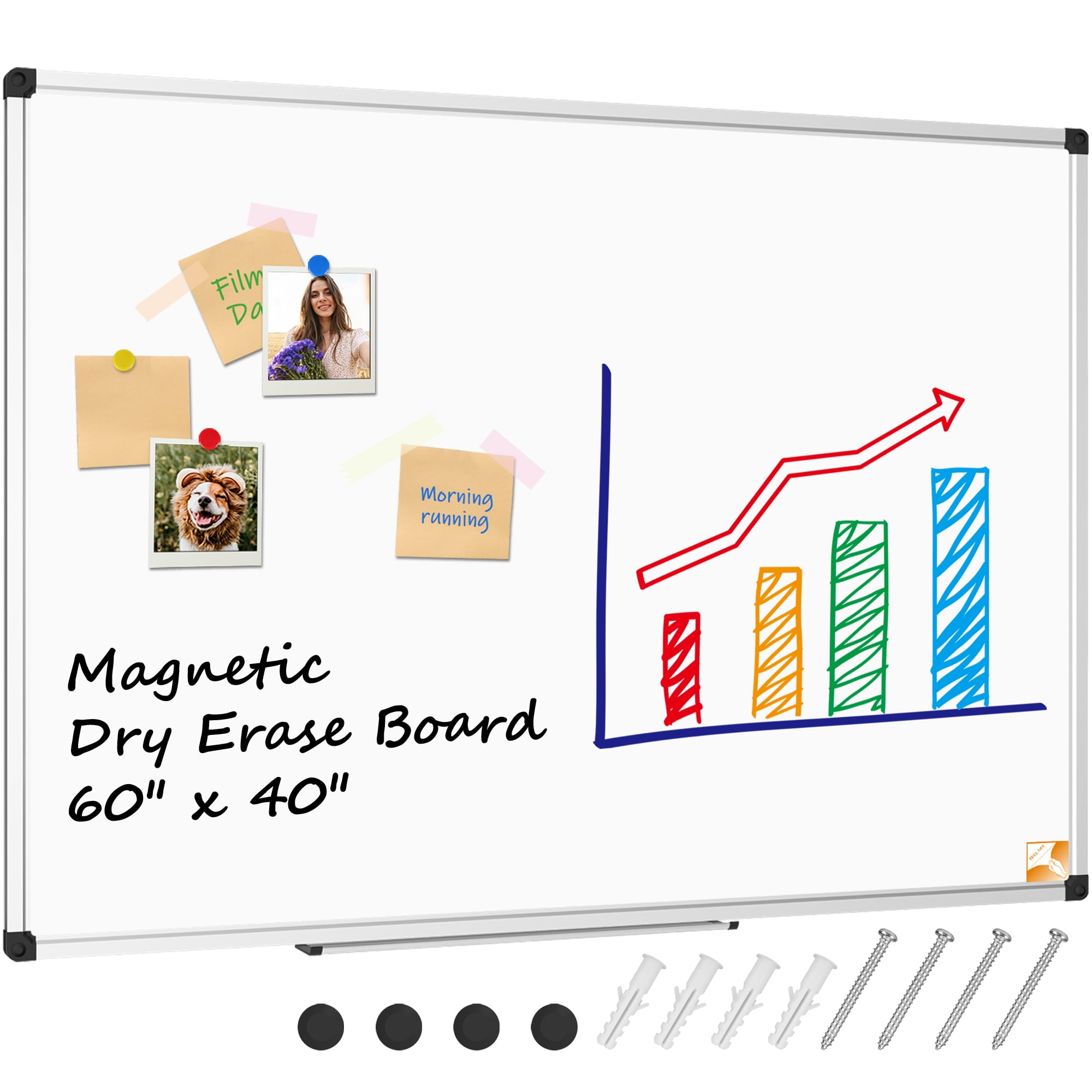 White Board Dry Erase Whiteboard for Wall 60 x 40 Aluminum Presentation  Magnetic Whiteboards with Long Pen Tray, 12 Magnets, 3 Markers & 1 Eraser