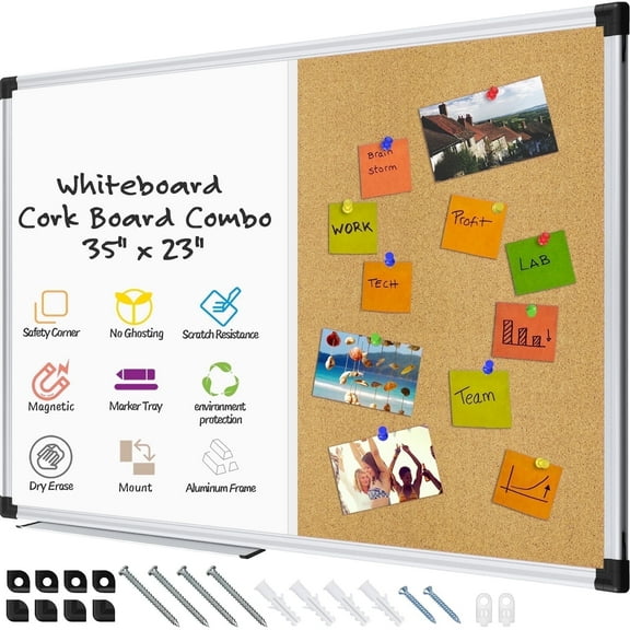 AGCAN White Board Dry Erase and Cork Board for Wall 35" x 23" Bulletin Magnetic Board Combo School Supplies