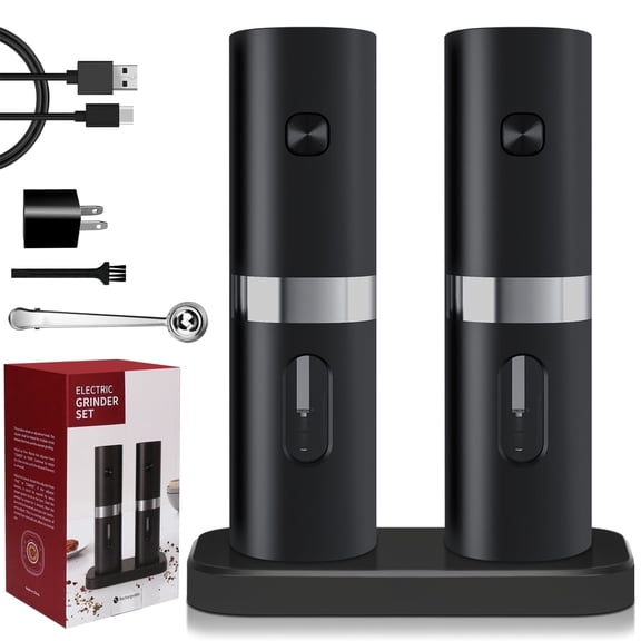 AGCAN Electric Salt and Pepper Grinder Set, Rechargeable Salt and Pepper Shakers, Automatic Pepper Mill with LED Light, Charging Base, Clip Spoon, Adjustable Coarseness, 2 Pack
