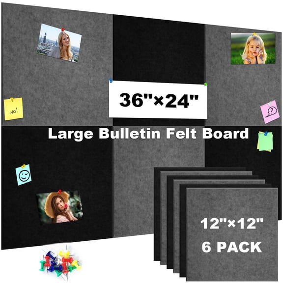AGCAN Felt Bulletin Board, Large Cork Board for Wall 36" x 24", Large Felt Wall Tiles with 40 Push Pins, DIY Thick Cork Board for Office Kitchen Classroom, 6 Pack, Black Dark Gray