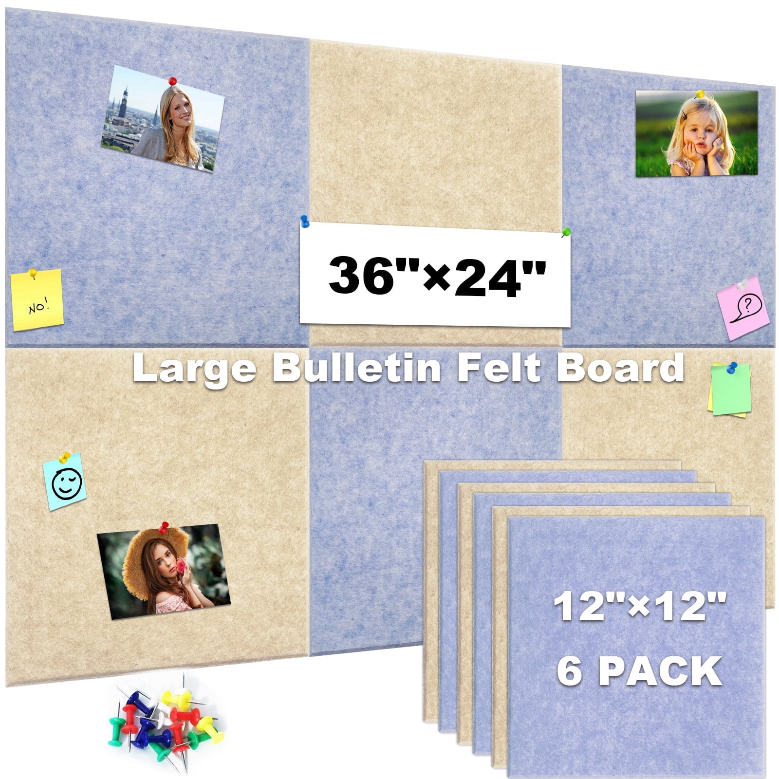 AGCAN Felt Bulletin Board, Large Felt Wall Tiles with 40 Push Pins, DIY Thick Cork Board for Office Kitchen Classroom, 12" x 12", 6 Pack, Coffee+Blue