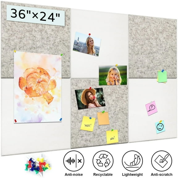 AGCAN Felt Bulletin Board, Large Felt Wall Tiles with 40 Push Pins, DIY Thick Cork Board for Office Kitchen Classroom, 12" x 12", 6 Pack, White+Light Gray