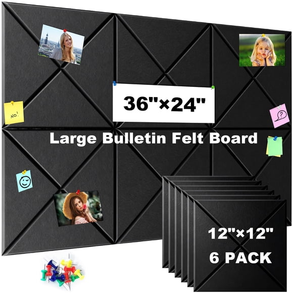 AGCAN Felt Bulletin Board, Large Cork Board for Wall 36" x 24", Felt Wall Tiles with 30 Push Pins, Thick Cork Board for Office Kitchen Classroom, 6 Pack, Black