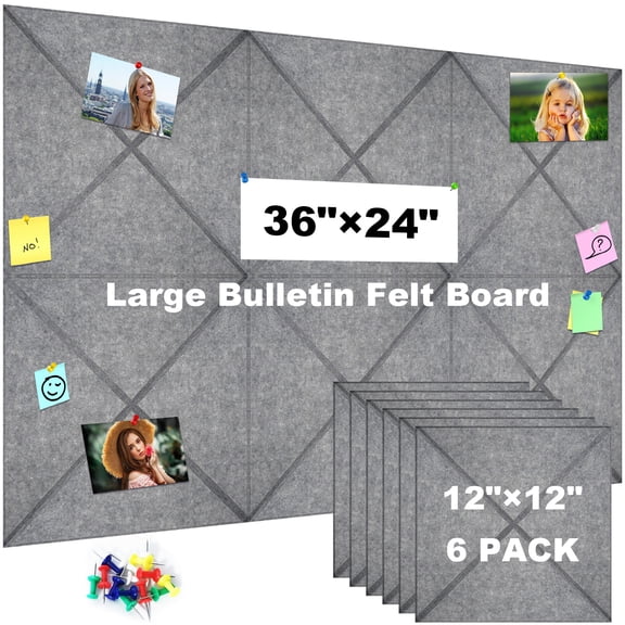 AGCAN Felt Bulletin Board, Large Felt Wall Tiles with 30 Push Pins, Thick Cork Board for Office Kitchen Classroom, 12" x 12", 6 Pack, Dark Gray