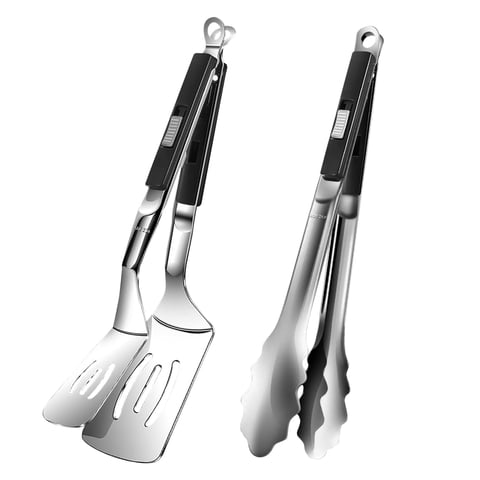AGCAN Grill Tongs Stainless Steel Spatula Tongs for Cooking, Grilling, Salad, 2 Pcs Turner Tong Set, 12"(Black)