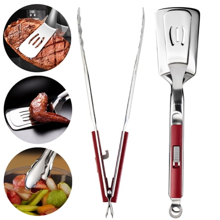 AGCAN Grill Tongs, Stainless Steel Spatula Tongs for Cooking, Grilling, Salad, 2 Pcs Turner Tong Set, 12"(Red)