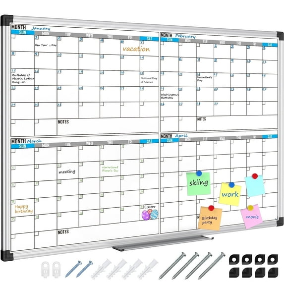 X BOARD Dry Erase Calendar Board 36" x 24" 4 Month Large Magnetic Whiteboard Big Schedule Board