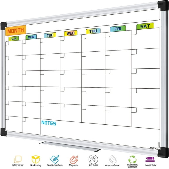 AGCAN Monthly Calendar White Board 16" x 12" Small Whiteboard Calendar Dry Erase Wall Mount Magnetic Schedule Board