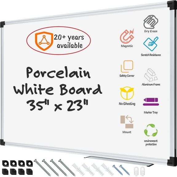 AGCAN Porcelain Steel Magnetic Dry Erase Board 35" x 23" with Aluminum Frame Dry Erasable Porcelain White Board