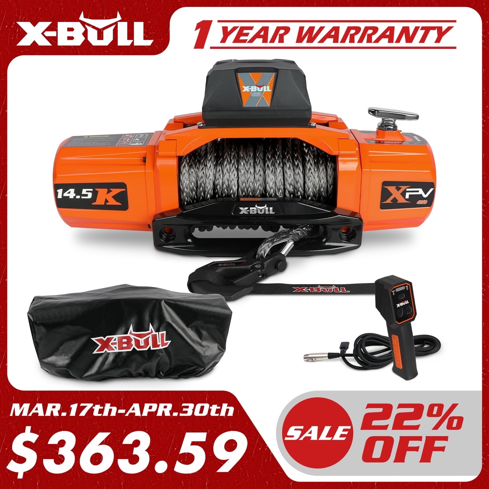 X-BULL 12V Electric Winch 14500LBS XPV Synthetic Rope SUV Jeep Truck 4WD with Winch Cover