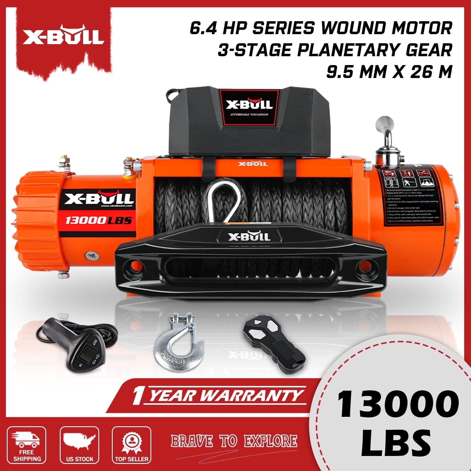 X-BULL 13000lbs Electric Winch, 12V, Synthetic Rope, Wireless Remote, Off-Road Towing