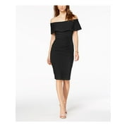 X BY XSCAPE Womens Black Ruched Ruffled Off Shoulder Knee Length Party Sheath Dress Petites 2P