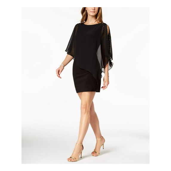 X BY XSCAPE Womens Black Sheer Beaded Cape Overlay Boat Neck Short Party Sheath Dress 12