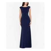 X BY XSCAPE Womens Navy Stretch Sequined Zippered Gathered Back Sleeveless Boat Neck Full-Length Evening Sheath Dress Petites 4P