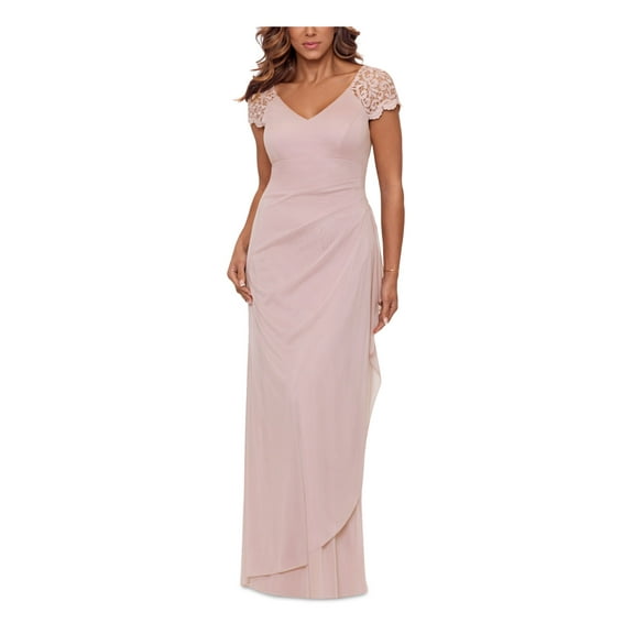 X BY XSCAPE Womens Pink Zippered Lace Glitter Ruched Lined Short Sleeve V Neck Full-Length Evening Gown Dress 10