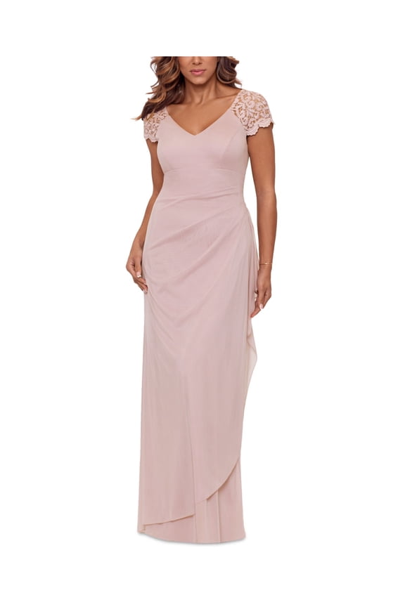 X BY XSCAPE Womens Pink Zippered Lace Glitter Ruched Lined Short Sleeve V Neck Full-Length Evening Gown Dress 10