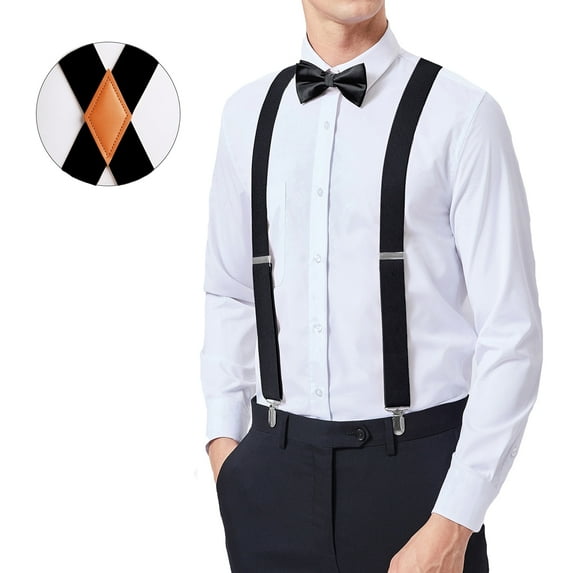 Mens X-Back Suspenders Elastic Adjustable with 4 Heavy-Duty Clips for Big & Tall Gentlemen