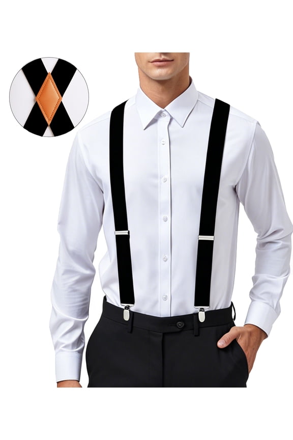 Mens X-Back Suspenders Elastic Adjustable with 4 Heavy-Duty Clips for Big & Tall Gentlemen