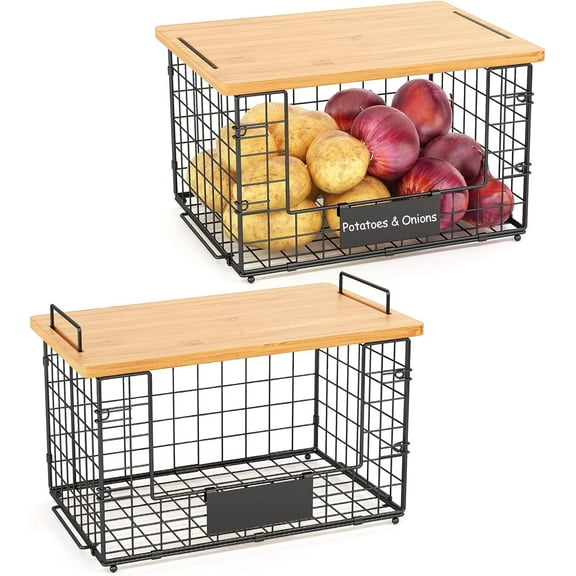 X-Cosrack Stackable Kitchen Counter Basket with Bamboo Top, XL Wire Storage Basket Stacking Bins for Vegetable Fruits Potato Onion Snack