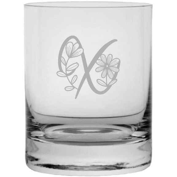 X Daishy Daisy Monogram Etched 11oz Crystal Rocks Whisky Glass